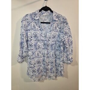 C&C California 100% Linen Blue White Coastal Button Up Medium Nautical Resort